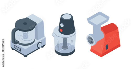 Kitchen appliances: food processor, blender, meat grinder in isometric view
