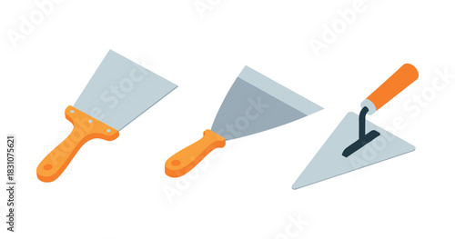 Set of construction tools with orange handles: putty knife, scraper, trowel