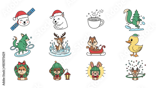 Festive Cartoon Characters for the Holiday Season: Whimsical illustrations, radiating seasonal cheer. These illustrations set the tone for holiday joy