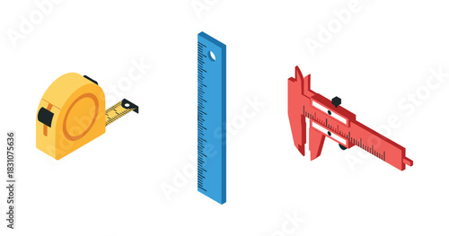 Tape measure, blue ruler, and red caliper - essential measuring tools