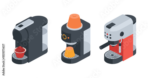 Modern coffee maker lineup featuring espresso and pod machines