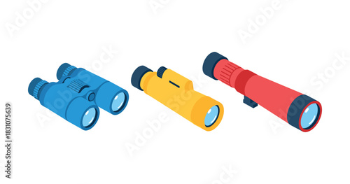 Colorful binoculars and telescope trio on white background