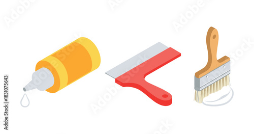 Set of tools for painting and gluing: paintbrush, glue bottle, and scraper