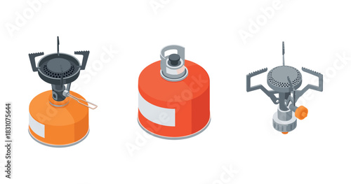 Isometric camping gas stoves and fuel canister set on white background
