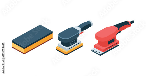 Set of sanding tools: hand block and electric sanders on white background