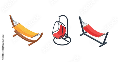 Colorful outdoor hammocks and swing chair on white background