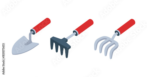 Set of gardening tools with red handles: trowel, rake, and cultivator