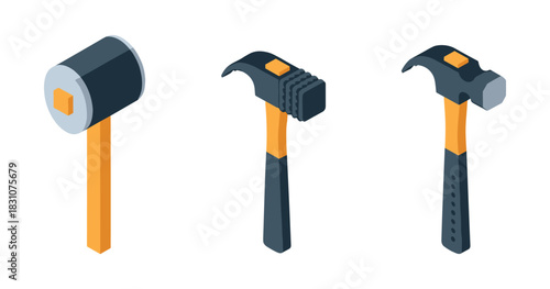 Set of three isometric hammers: rubber mallet, meat tenderizer, claw hammer