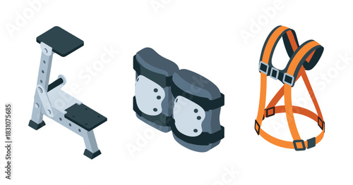 Gym equipment set with exercise bench, knee pads, and safety harness