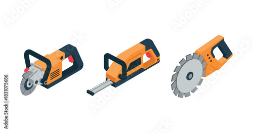 Set of electric power tools: circular saw, chainsaw, rotary cutter