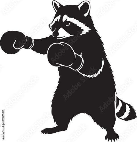 Black silhouette of a raccoon wearing boxing gloves in a fighting stance