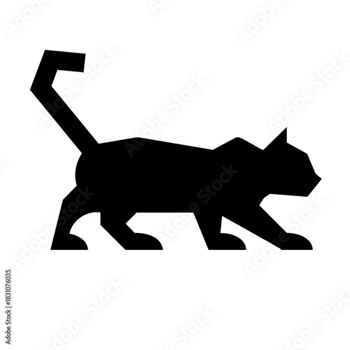 A geometric vector logo symbol of a cat in a hunting pose from the side