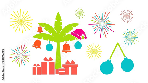 Tropical Christmas Celebration: An illustrative holiday scene, fusing festive cheer with tropical elements, featuring a decorated tree amidst vibrant fireworks and festive adornments.