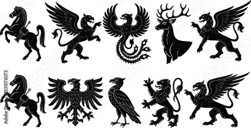 Collection of Heraldic Animal Silhouettes: Rearing Horse, Griffin, Phoenix, Stag, Eagle, and Rampant Lion Vector Set for Coat of Arms and Medieval Crest Design