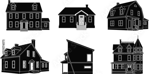 Collection of Black House Silhouettes: Various Architectural Styles Including Colonial, Victorian, and Modern, Vector Illustration Set for Real Estate and Residential Design