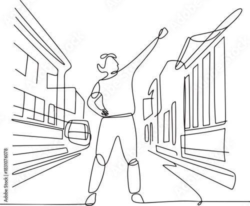 Continuous Line Art Illustration of Figure Stretching Arm on City Sidewalk