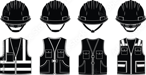 Collection of Safety Workwear Silhouettes: Hard Hats and High-Visibility Vests, Black and White Vector Illustration Set for Construction, Engineering, and Industrial Safety Design
