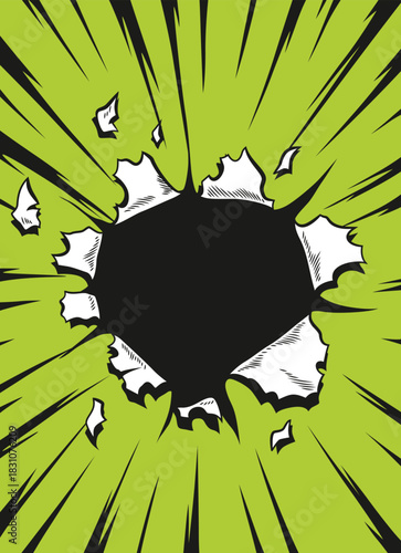 Comic book hole. Vector paper is torn through boom explosion. Circle hole in the middle on color background. Comic style cover template or flyer wallpapers