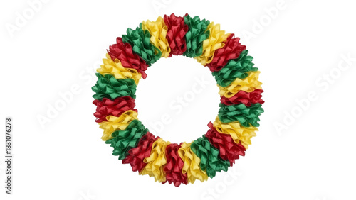 Tropical Lei Garland: A vibrant, colorful Lei garland, woven with red, green, and yellow flowers in the form of a wreath. Evoking a sense of celebration and joy.