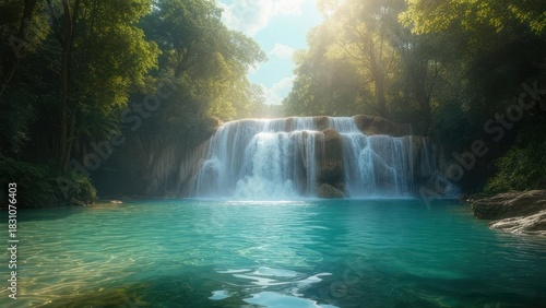 Waterfall flowing into turquoise pool surrounded by forest