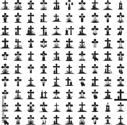 Cross with burning candle silhouette set in religious and spiritual poses