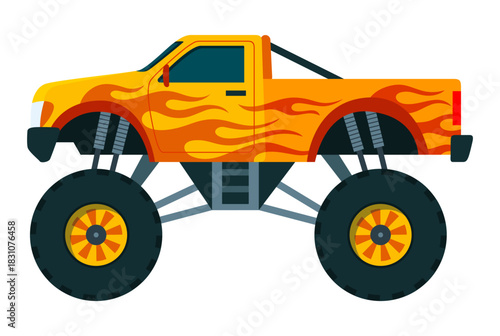 Monster truck. Bright colorful cartoon auto with big wheels. Heavy car with large tires and black tinted windows. Isolated rally 4x4 computer or mobile game