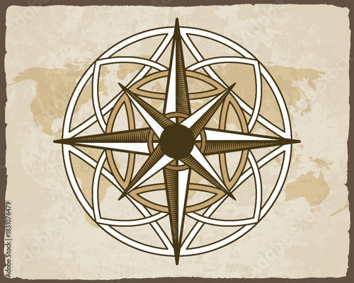 Retro nautical compass. Hand drawn wind rose on map background. Old vector design element for marine theme and heraldry. Vintage rose of wind for sea marine navigation
