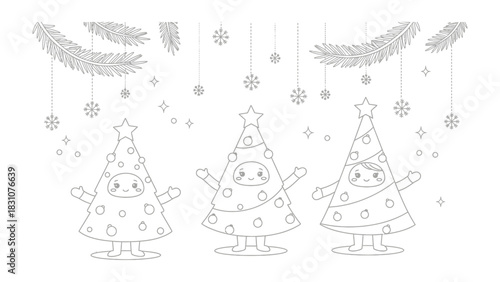 Festive Cheer: Whimsical Christmas trees in delightful poses, joyfully adorned with stars and snowflakes, capturing the whimsical spirit of the holiday season.