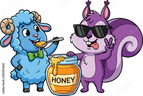 Cute blue ram and cool purple squirrel eating honey from a jar cartoon vector illustration, funny anthropomorphic animal friends sharing a sweet treat, happy friendship concept, joyful.