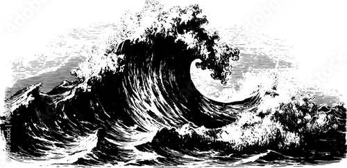 Engraved wave in vintage style. Black line drawing vector illustration of ocean water, creating a dynamic visual effect.