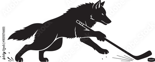 Black silhouette of a wolf playing hockey with a stick and puck