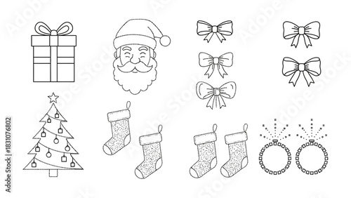 Christmas Elements Set: Hand-drawn illustrations of festive symbols evoke the holiday spirit with a collection of classic elements, including ornaments, a Christmas tree, Santa Claus, gift boxes.