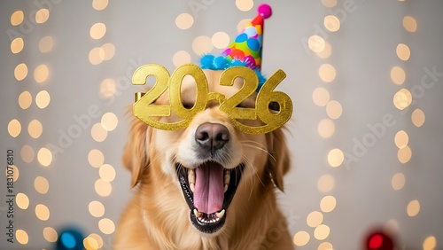 Happy Golden Retriever Dog Wearing 2026 Glasses and Party Hat, Celebrating New Year's Eve