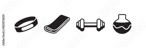 Black and white fitness icons including a smart watch resistance band dumbbell and water bottle