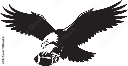 Powerful eagle grasping american football in talons
