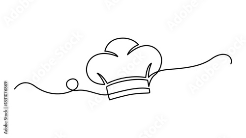 Minimalist chef hat one line art with flowing ribbon