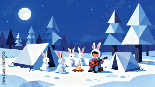 Illustration Of A Group Of Rabbits Camping And A Child In A Rabbit Costume Playing The Guitar Vector Design Template