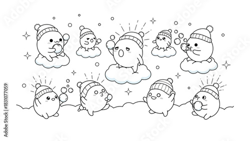 Winter Delight: Charming creatures in winter hats engage in a playful snowball fight, amidst delicate snowflakes, embodying the spirit of winter fun.