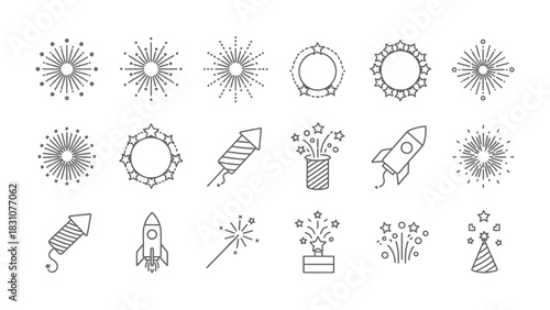 Fireworks Festival: a detailed collection of illustrated festive designs, representing pyrotechnics, rockets, and celebratory elements in anticipation of a grand celebration
