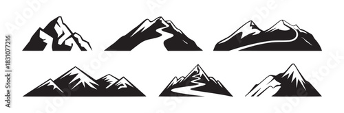A set of six mountain illustrations in black and white showing different peaks and mountain formations