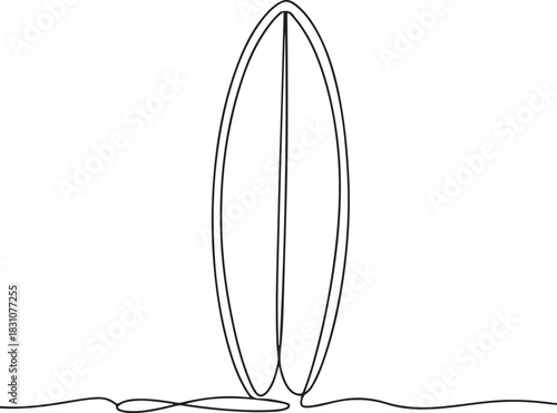 Continuous Line Art Illustration of Surfboard Planted Vertically in Sand