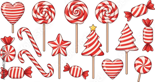 Collection of Red and White Striped Holiday Candies and Sweets on Transparent Background Vector Illustration