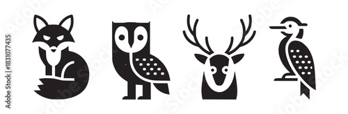 Four black and white animal icons featuring a fox owl deer and woodpecker on a white background