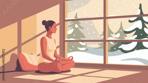 A tranquil woman practices meditation by a window.