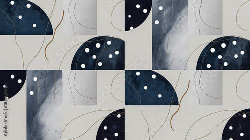 Abstract geometric pattern with dark blue arcs and speckles
