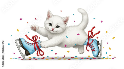 Whimsical Whiskers on Ice: A charming illustration depicts a playful kitten gracefully skating, ribbons playfully tied to its skates and celebrating with confetti.