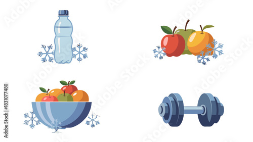 Healthy lifestyle icons including water bottle, fruits and dumbbell.