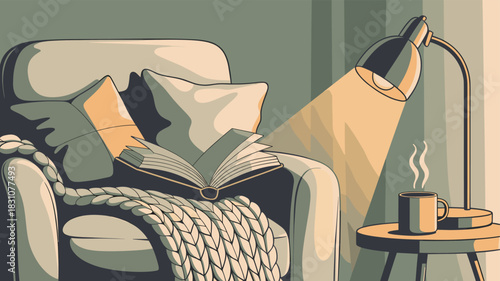 A cozy reading nook scene with an open book, warm lamp, and inviting ambiance.