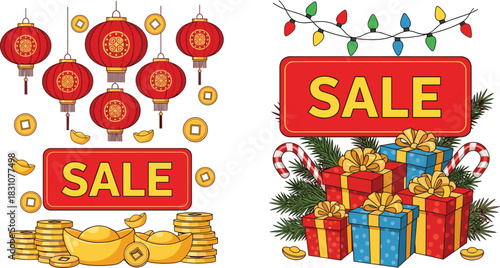 Dual holiday sale illustration: featuring Chinese New Year lanterns and gold ingots alongside Christmas lights, gifts, and candy canes for end-of-year and seasonal retail promotions.