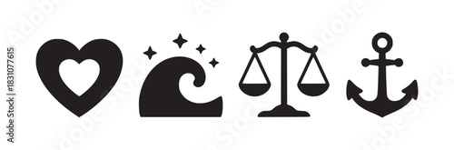 A collection of four black and white icons including a heart wave scales and an anchor symbol sign
